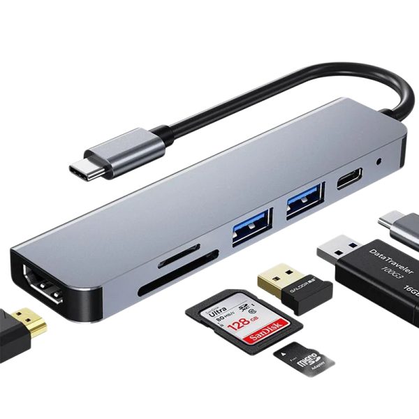 Geek Essentials 6-Port USB-C Hub – 4K HDMI, SD/TF Card Reader, USB 3.0 & Type-C Charging Dock for MacBook, iPad, & Samsung