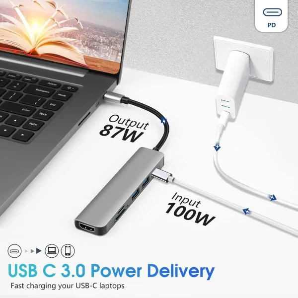 Geek Essentials 6-Port USB-C Hub – 4K HDMI, SD/TF Card Reader, USB 3.0 & Type-C Charging Dock for MacBook, iPad, & Samsung - Image 5