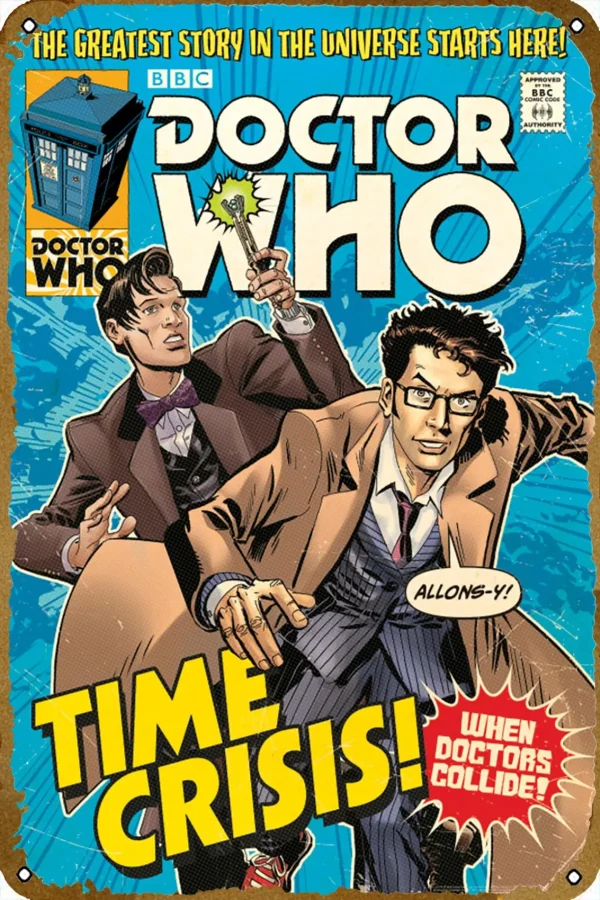 Doctor Who Time Crisis Tin Sign – Retro Metal Wall Art for Sci-Fi Fans, Bars & Game Rooms