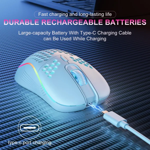 Geek Essentials Wireless RGB Gaming Mouse – Rechargeable, Ergonomic Design with Adjustable DPI & Honeycomb Shell - Image 5