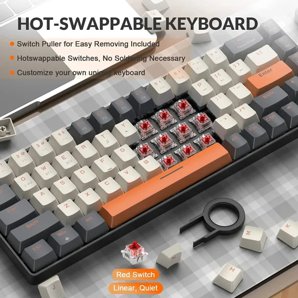 Geek Essentials 60% Wireless Mechanical Keyboard – Bluetooth Dual Mode, Hot-Swappable, 68-Key Red Switch for PC, Mac, PS4, Xbox, iPhone & iPad - Image 3