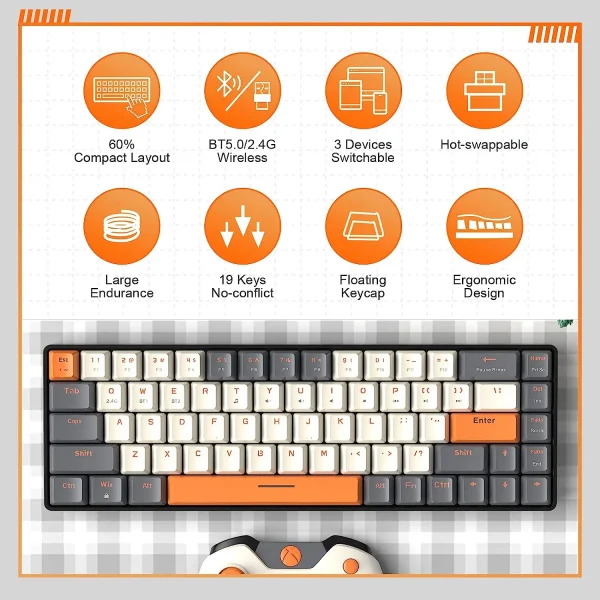 Geek Essentials 60% Wireless Mechanical Keyboard – Bluetooth Dual Mode, Hot-Swappable, 68-Key Red Switch for PC, Mac, PS4, Xbox, iPhone & iPad - Image 4