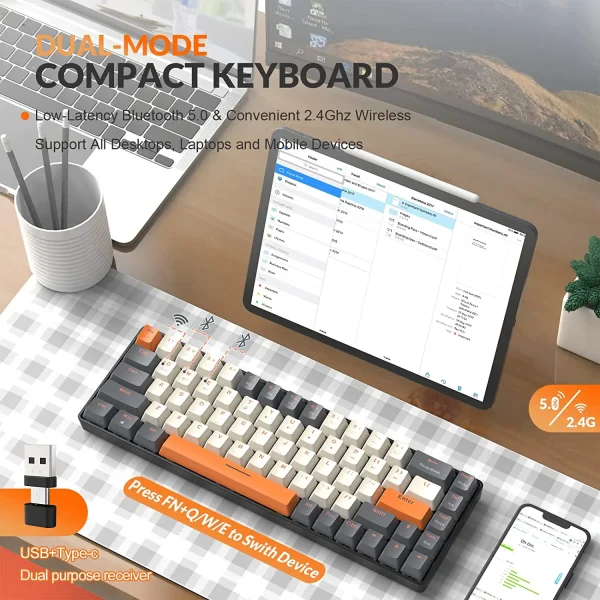 Geek Essentials 60% Wireless Mechanical Keyboard – Bluetooth Dual Mode, Hot-Swappable, 68-Key Red Switch for PC, Mac, PS4, Xbox, iPhone & iPad - Image 2
