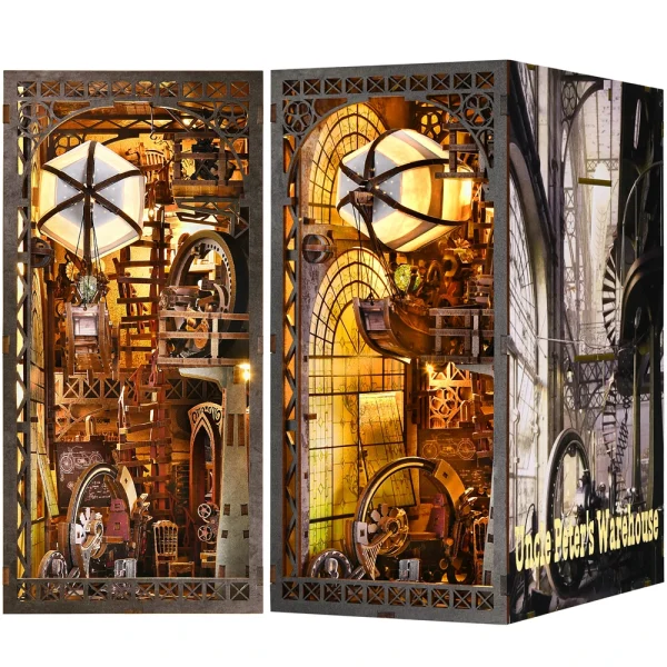 DIY “Steamcraft Workshop” Book Nook Kit – Steampunk-Inspired Airship Engineer’s Lab & Bookshelf Insert