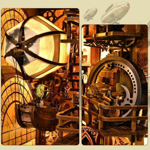 DIY “Steamcraft Workshop” Book Nook Kit – Steampunk-Inspired Airship Engineer’s Lab & Bookshelf Insert - Image 4