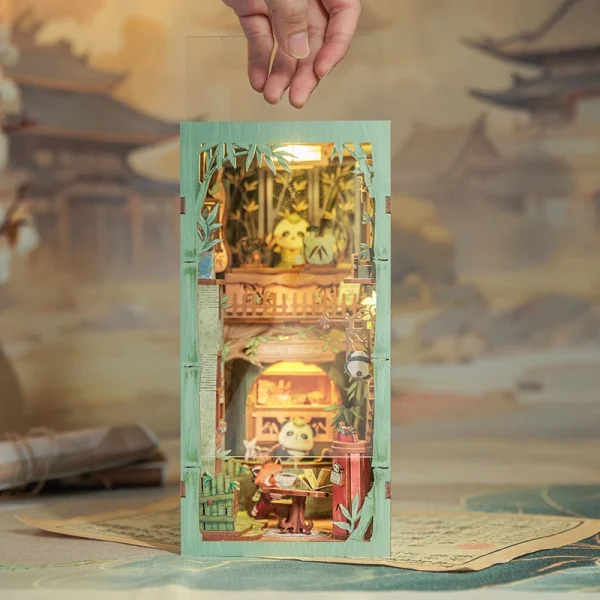 DIY “Panda Bookshop” Book Nook Kit – Miniature Wooden Bookshelf Insert with Lights - Image 2
