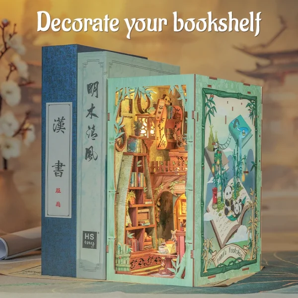 DIY “Panda Bookshop” Book Nook Kit – Miniature Wooden Bookshelf Insert with Lights - Image 3