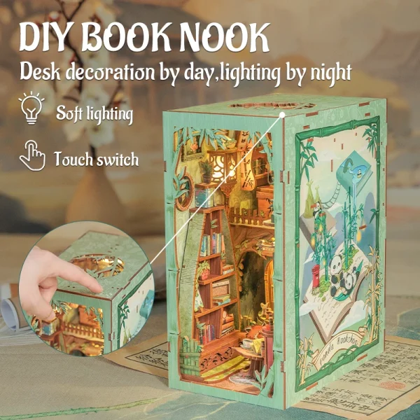 DIY “Panda Bookshop” Book Nook Kit – Miniature Wooden Bookshelf Insert with Lights - Image 5