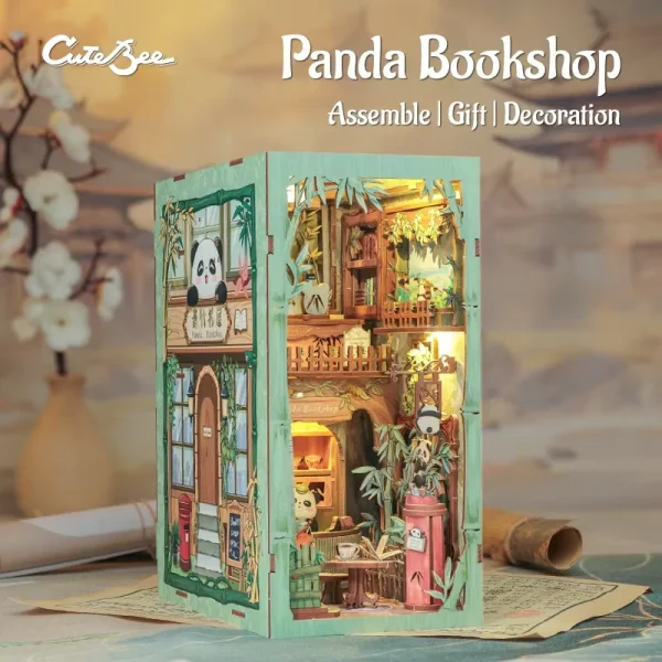 DIY “Panda Bookshop” Book Nook Kit – Miniature Wooden Bookshelf Insert with Lights - Image 4