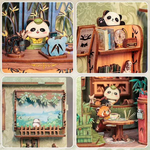 DIY “Panda Bookshop” Book Nook Kit – Miniature Wooden Bookshelf Insert with Lights - Image 6