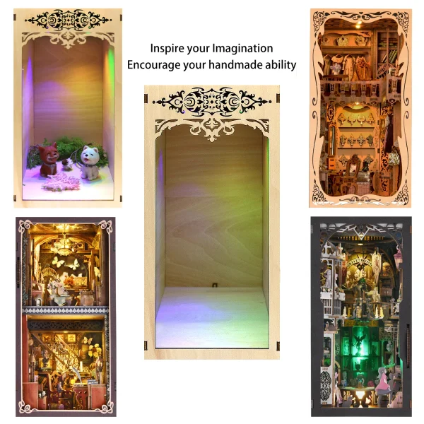 DIY “Freedom of Creation” Book Nook Kit – Miniature Wooden Bookshelf Insert with LED Lighting - Image 3