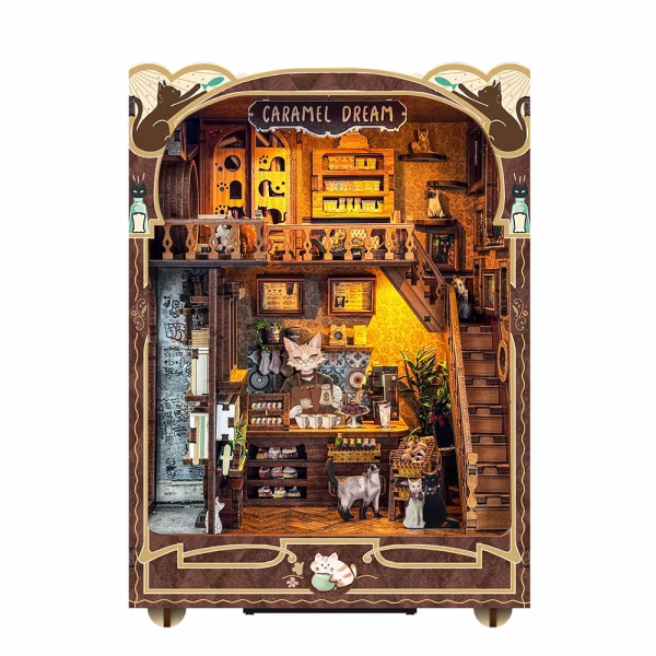 DIY Lazy Cat & Craft Cafe Book Nook Kit – Cozy Miniature Shelf Insert with Furniture & Warm Lighting - Image 2