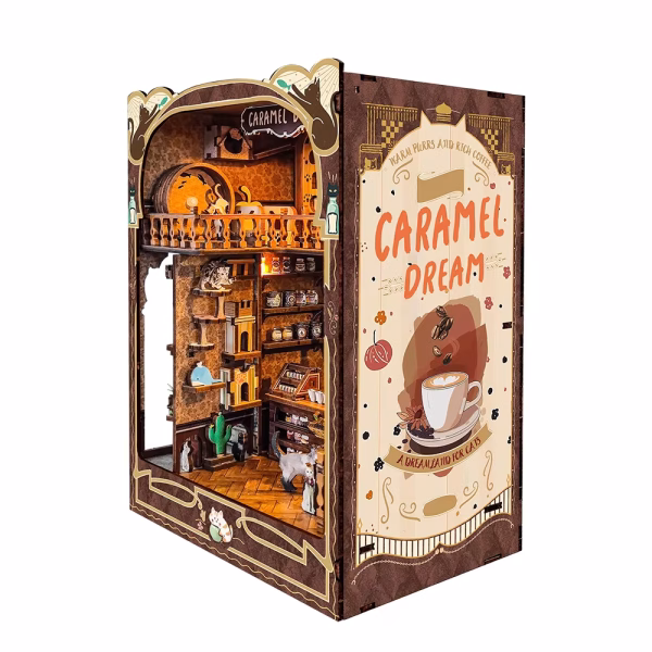 DIY Lazy Cat & Craft Cafe Book Nook Kit – Cozy Miniature Shelf Insert with Furniture & Warm Lighting - Image 3