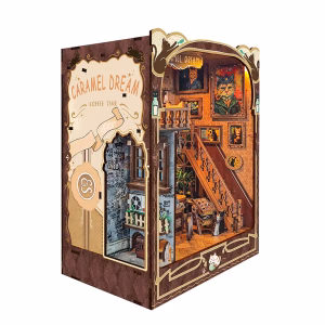 DIY Lazy Cat & Craft Cafe Book Nook Kit – Cozy Miniature Shelf Insert with Furniture & Warm Lighting